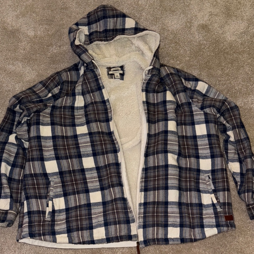 L.L. Bean Blue and White Plaid Sherpa Hoodie